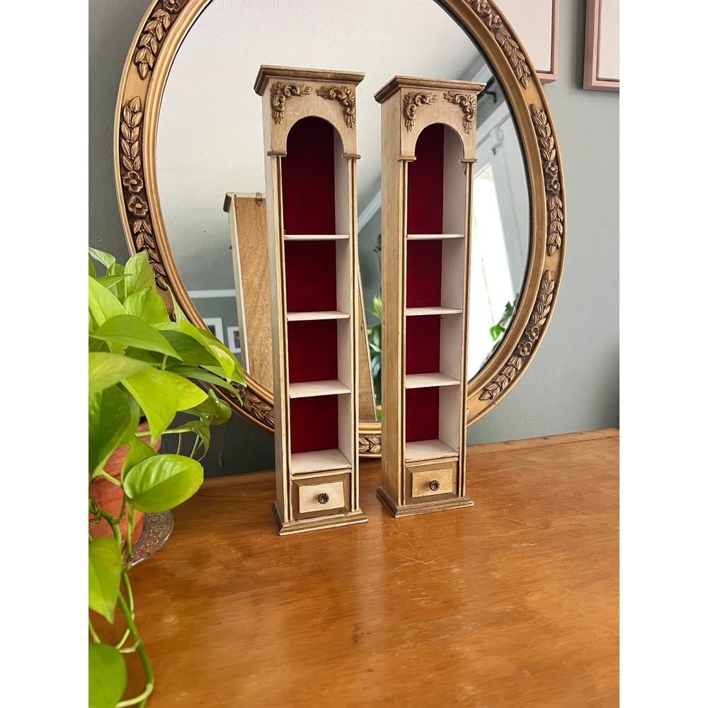 Vintage Style Red Velvet Trinket Curio Shelves Faux Drawer  Pair Gold Cream